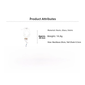 Detailed size and material specs for the white lace bow necklace with resin beads