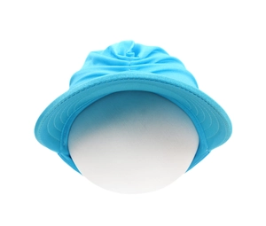 Close-up of bright blue sun visor hat featuring breathable mesh fabric and durable stitching