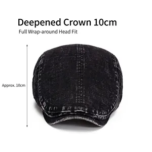Vintage washed denim newsboy cap for men and women featuring a deep 10cm crown and retro style