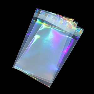 Macro shot of iridescent laser self-sealing bags with rainbow polarized light effects