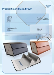 Detail view of foldable dual-slot sunglasses case with litchi grain PU and dimensions