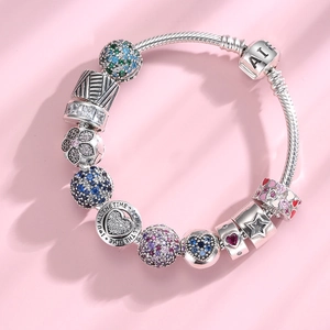 S925 sterling silver snake chain bracelet with colorful crystal beads and heart pendants
