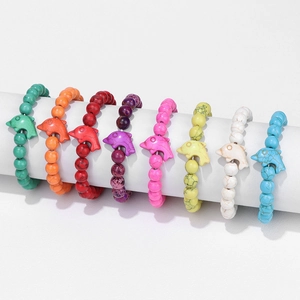 Handmade Resin Dolphin Beaded Bracelet For Women Ocean Style Synthetic Stone Elastic Bracelet Summer Beach Jewelry