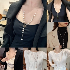 Vintage Freshwater Pearl Long Sweater Chain Necklace For Women 18K Gold Plated Adjustable Y-Shaped Tassel Jewelry Gift