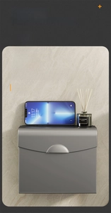 Gunmetal grey wall mounted tissue box with phone holder and invisible opening design