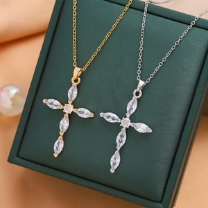Fashionable titanium steel cross necklace with marquise-cut zircon stones in gold and silver