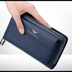 Dark blue leather business clutch bag for men with textured finish and zipper detail