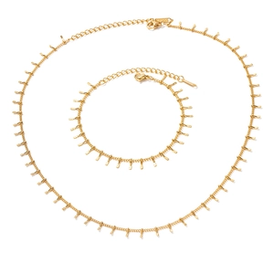 18K gold plated stainless steel jewelry set with necklace and bracelet featuring bar charms