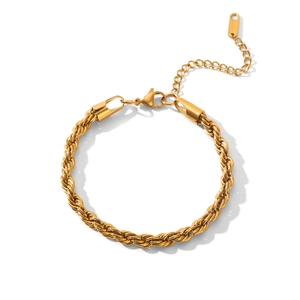 Detailed macro view of 18k gold plated stainless steel rope chain bracelet with lobster clasp