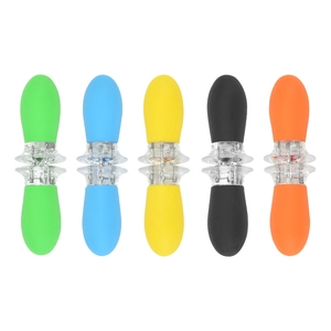 Five colorful silicone bottle stoppers in green blue yellow black and orange on white background