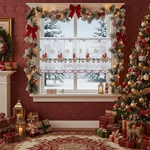 Christmas embroidered semi-sheer coffee curtain with festive candle and star patterns
