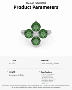 Detailed specs of S925 silver ring featuring four green zircons in a clover design