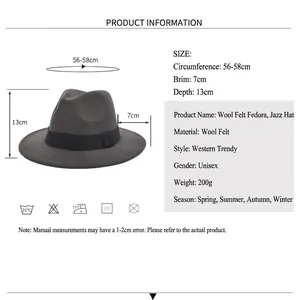 Black wool felt fedora with size chart showing 56-58cm circumference and elastic band