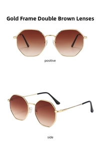 Front and side view of gold metal octagonal sunglasses with gradient brown lenses