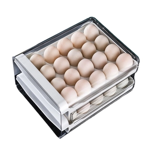Double-layer stackable transparent egg drawer box with 32 grids for kitchen storage