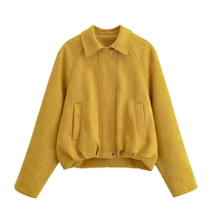 Women Faux Suede Jacket Ginger Yellow Zip Up Short Coat Long Sleeve Lapel Casual Outwear Fashion Pocket Soft Polyester