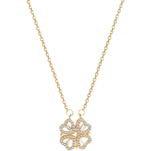 Versatile four-leaf clover necklace with sparkling crystals on gold titanium steel chain