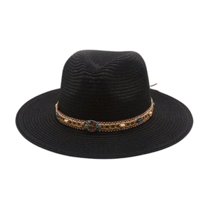Chapeau de soleil en paille noire avec ruban perlé bohème et bord style Fedora