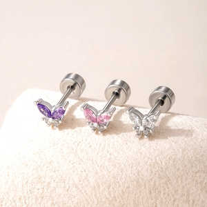 Mini butterfly zircon stud earrings with surgical steel screw backs in pink and purple