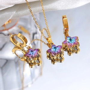 Detail of star-shaped jewelry set with colorful gradient crystals and gold plating