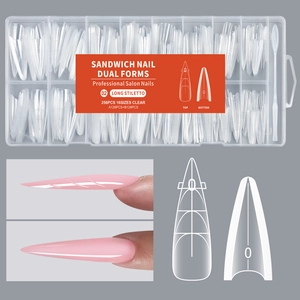 Macro view of 256pcs long stiletto dual nail forms with 16 sizes and structure diagram