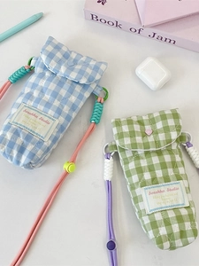 Quilted soft fabric camera bag and phone crossbody pouch in blue and green checkered pattern