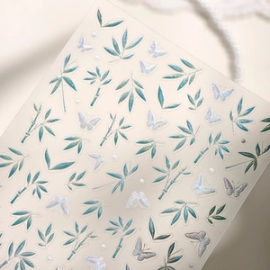 Holographic green bamboo and butterfly nail art stickers with laser glitter effect