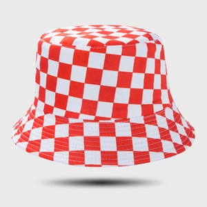 Detail view of red and white checkerboard pattern on high-quality fabric bucket hat