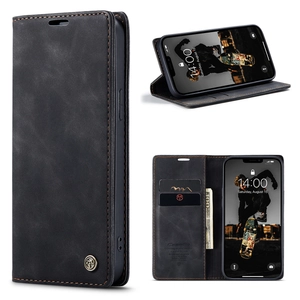 Black leather flip wallet case for iPhone 14 with card slots and kickstand function