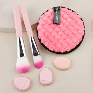 Pink Makeup Brushes And Foundation Brush And Thumb Puffs And Double Sided Makeup Remover Sponge Wood Handle Synthetic Fiber Portable Beauty Tool