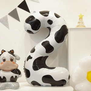 Cow print number 2 balloon with cute cartoon cow for birthday party decoration