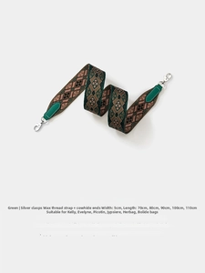 Close-up of green and brown woven strap with silver clips for Kelly and Evelyne bags