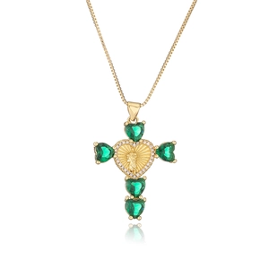 Classic 18K gold plated cross necklace with green heart-shaped zircons and Mary medal