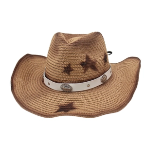 Western Cowboy Straw Hat Star Print Wide Brim Woven Sun Protection Beach Hat With Leather Band And Adjustable Wind Rope
