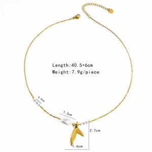 Gold ocean style necklace featuring fishtail pendant and pearl with size measurements
