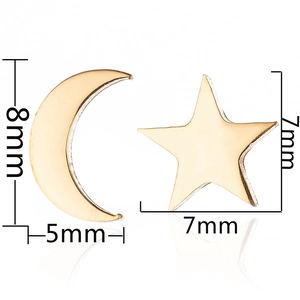 Golden asymmetrical moon and star stud earrings with precise dimensions 8mm and 7mm