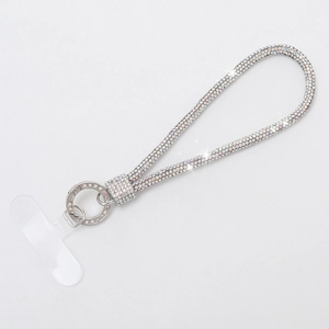 Luxury silver crossbody phone strap with sparkling rhinestones and metal ring clasp