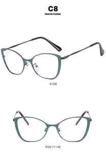 Detail view of retro green cat-eye glasses frame with sleek black metal temples