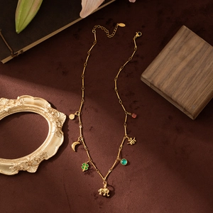 Golden stainless steel necklace with multi-charms including elephant and clover on velvet