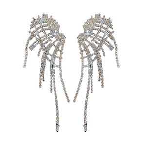 Elegant silver wing tassel earrings with hollow mesh design and sparkling rhinestones