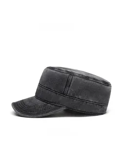 Side view of dark gray washed cotton cadet cap with reinforced brim stitching
