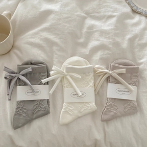Women Slouchy Cotton Socks With 3D Embossed Bear Jacquard And Satin Bow Decor Japanese Kawaii Breathable Mid Calf