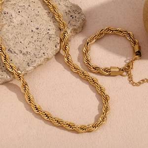 Minimalist Stainless Steel 18K Gold Plated Rope Chain Necklace Bracelet Set For Women Fashion Jewelry Twisted Necklaces