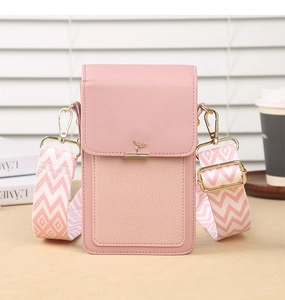 Pink mini crossbody phone bag with texture stitching and geometric wide strap