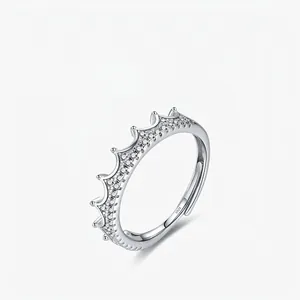 Crown Ring 925 Sterling Silver Micro Pave Cubic Zirconia Adjustable Opening Elegant Jewelry For Women