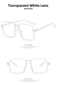 Front and side views of vintage transparent square frame glasses in clear plastic finish