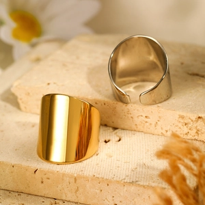 Minimalist Wide Band Ring Stainless Steel 14K Gold Plated Adjustable Open High Polish Mirror Surface Aesthetic Jewelry For Women