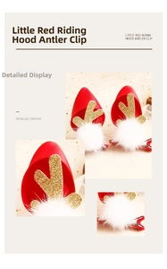 Detailed view of Christmas reindeer antler hair clips with red fabric and white faux fur