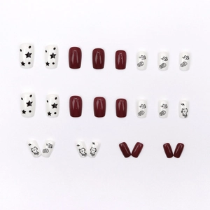 Faux ongles courts chat et poisson en bordeaux et blanc lot de 24 pièces