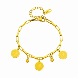 Golden titanium steel chain bracelet featuring vintage Elizabeth II coin pendants and beads